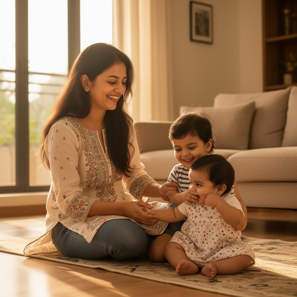 Babysitter playing with two children on the floor