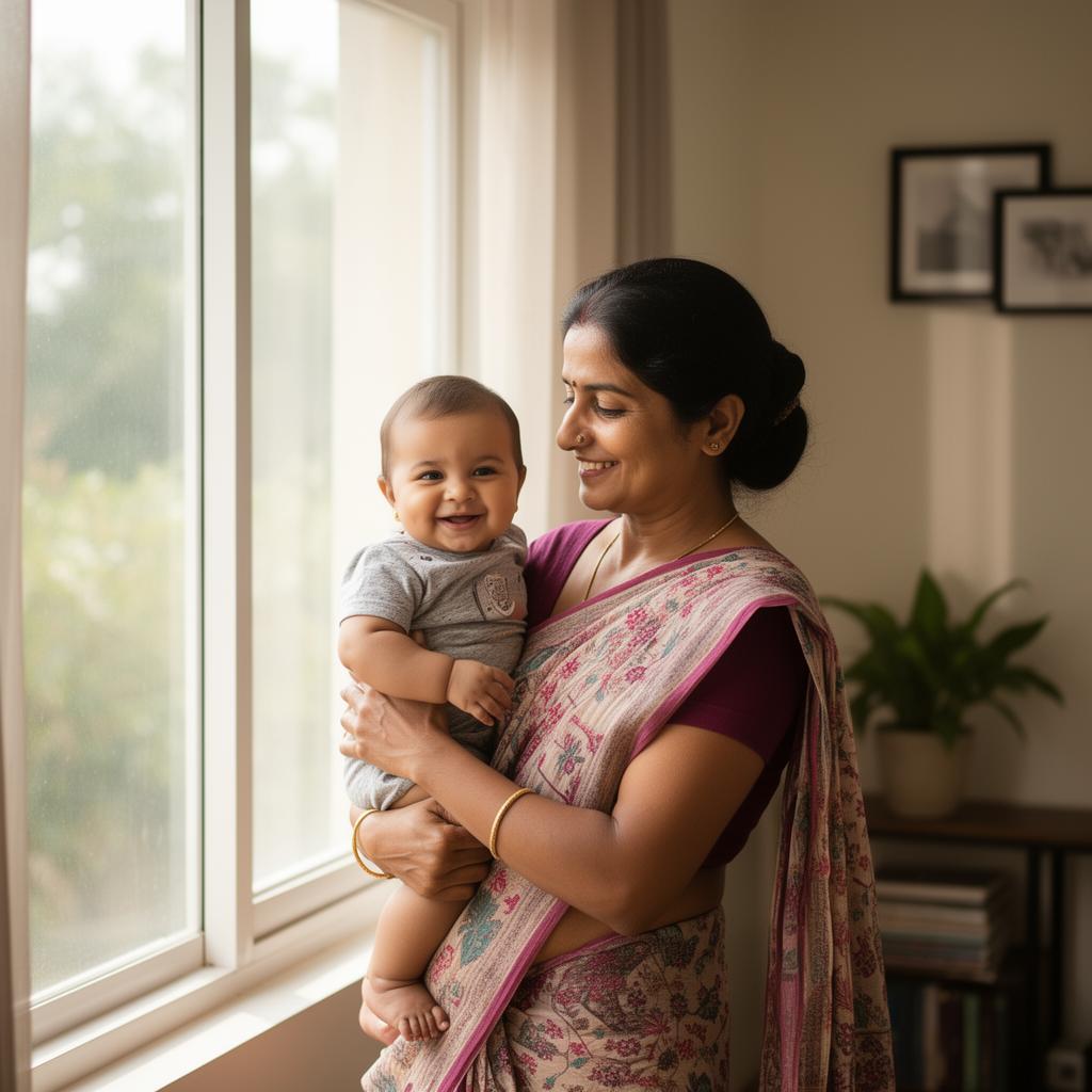 Indian nanny holding a smiling baby by a window