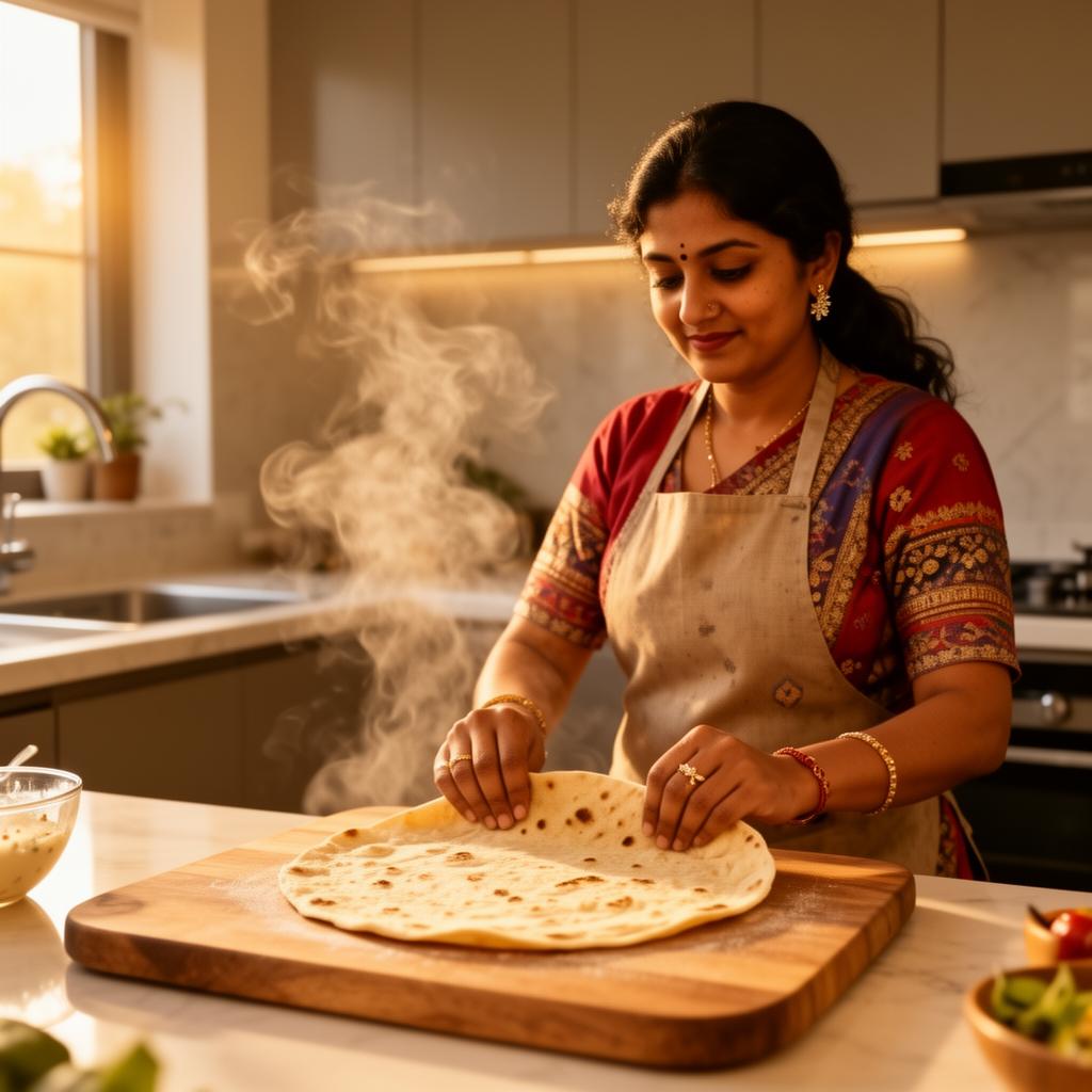 Indian cook rolling fresh chapatis in a modern kitchen